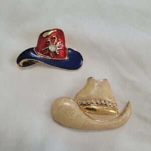 Lot 2 18k Gold Western Mates Cowboy Hat Western Rodeo Pins Enamel Brooch Bundle
